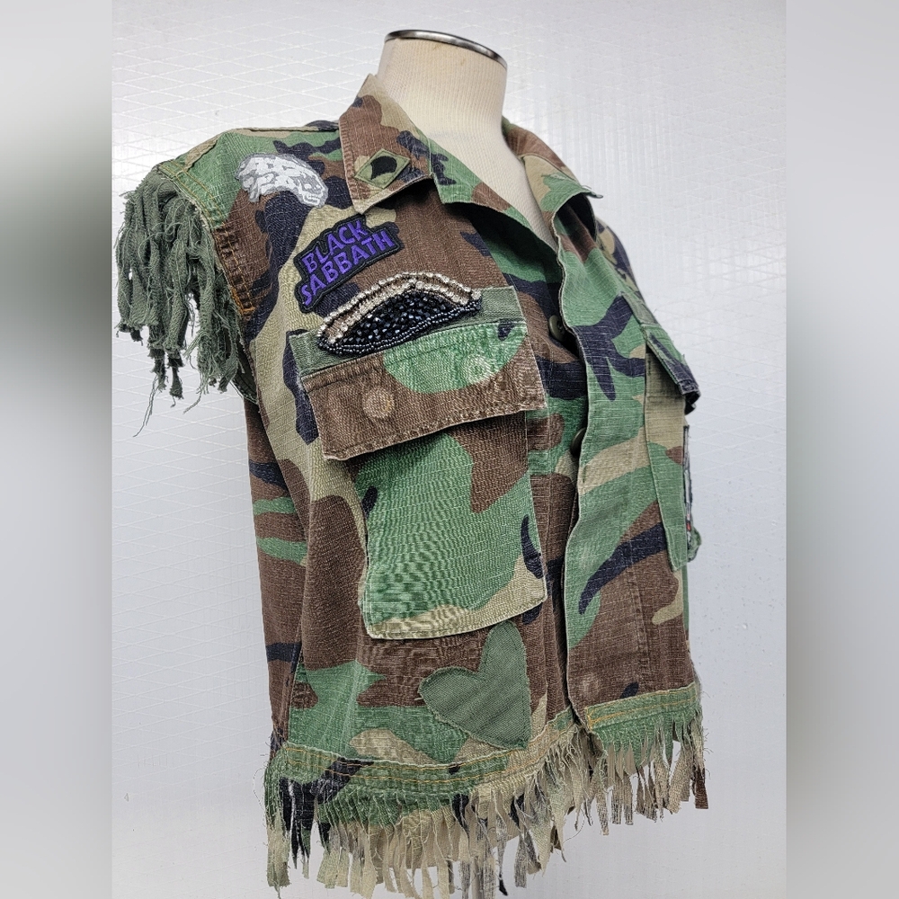 US Army Fringe Ozzy Vest Rock Patches Harley Davidson Upcycled - Picture 5 of 15
